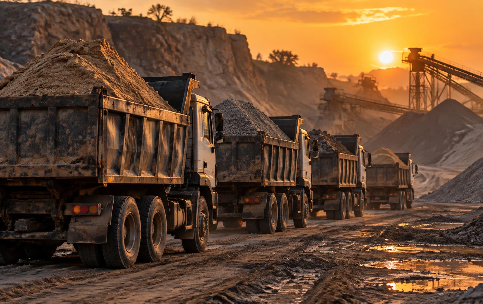 Tipper trucks loaded with sand and aggregate at a quarry yard